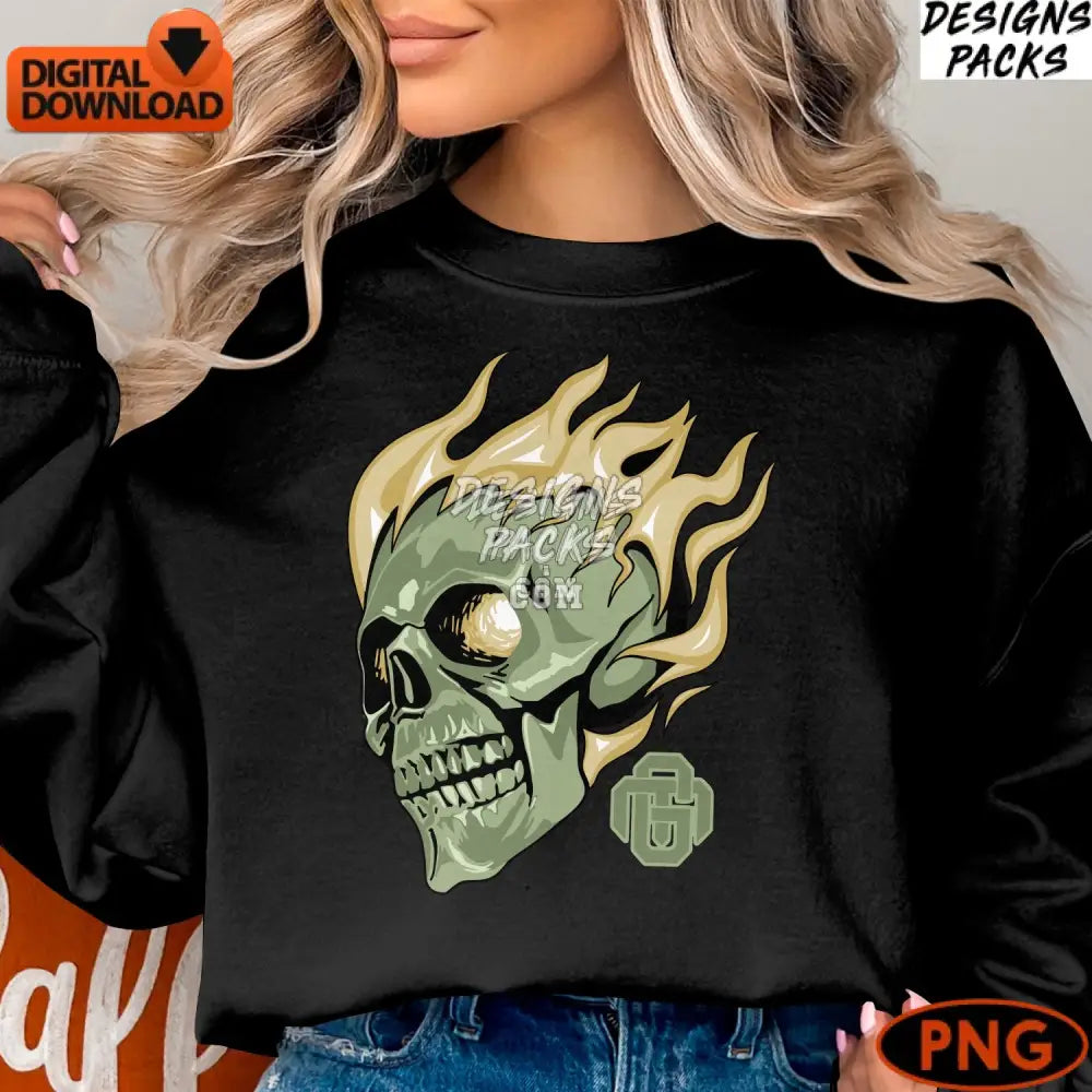Flaming Skull Digital Art Fiery Green Png Instant Download Gothic Tattoo Design Cool Illustration