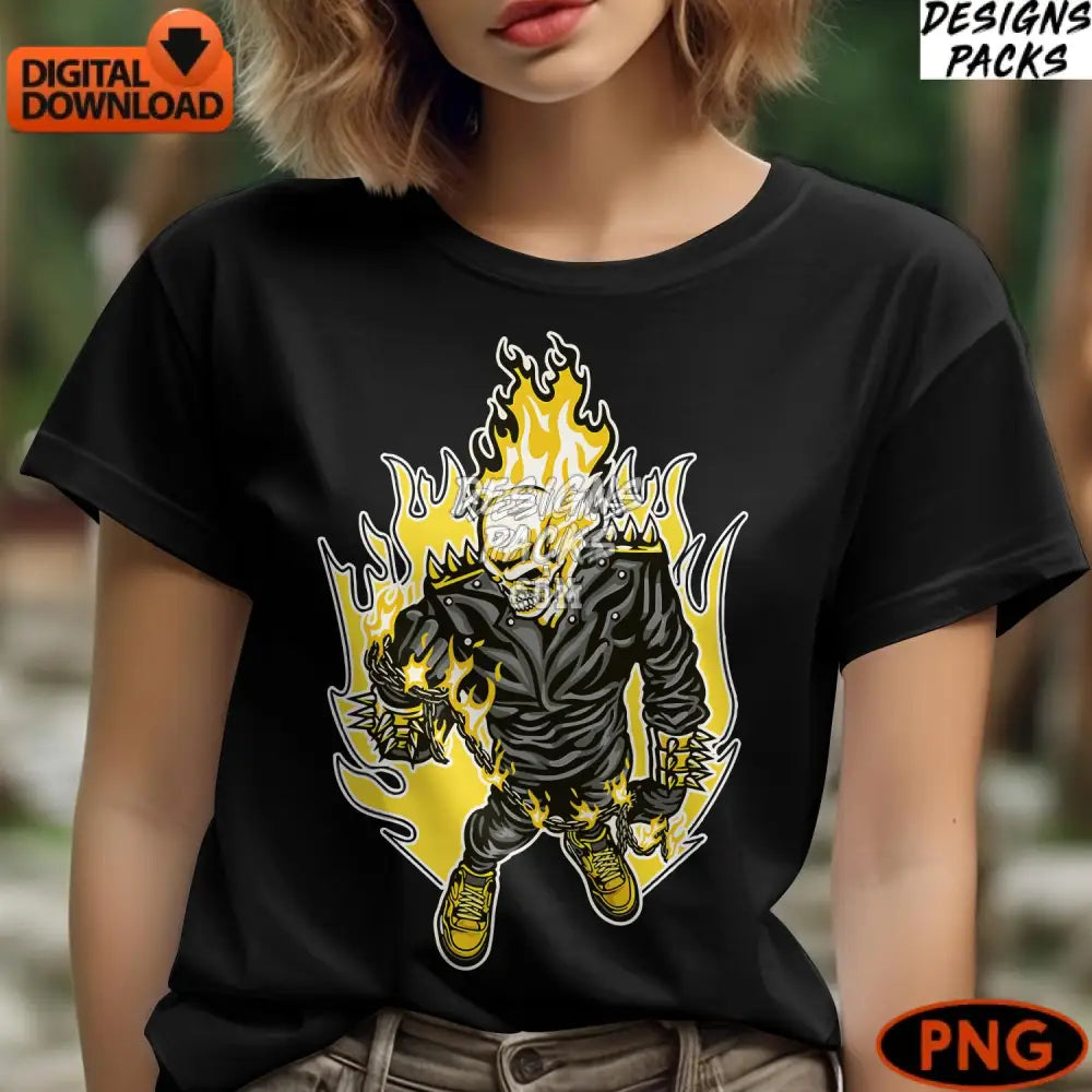Flaming Skull Digital Art Fiery In Jacket Png Instant Download Graphic Illustration