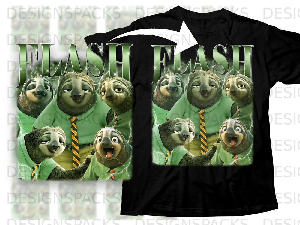 Flash graphic with sloths from Zootopia and green lightning bolts.