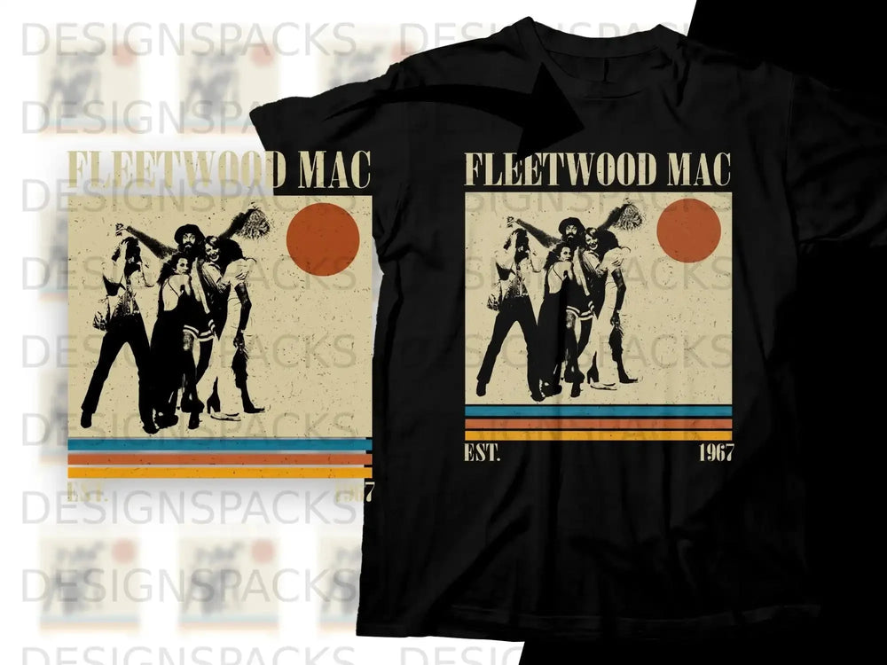 Fleetwood Mac band members in silhouette against a sunset, with "Fleetwood Mac" text.