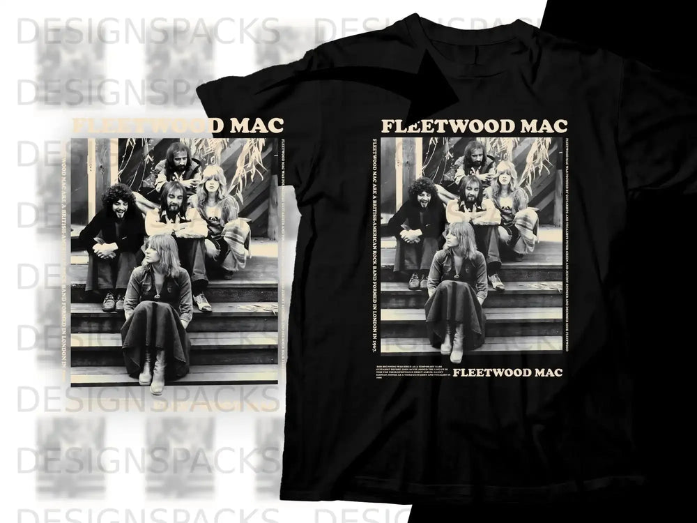 Fleetwood Mac band members posing on stairs, text describes band history.