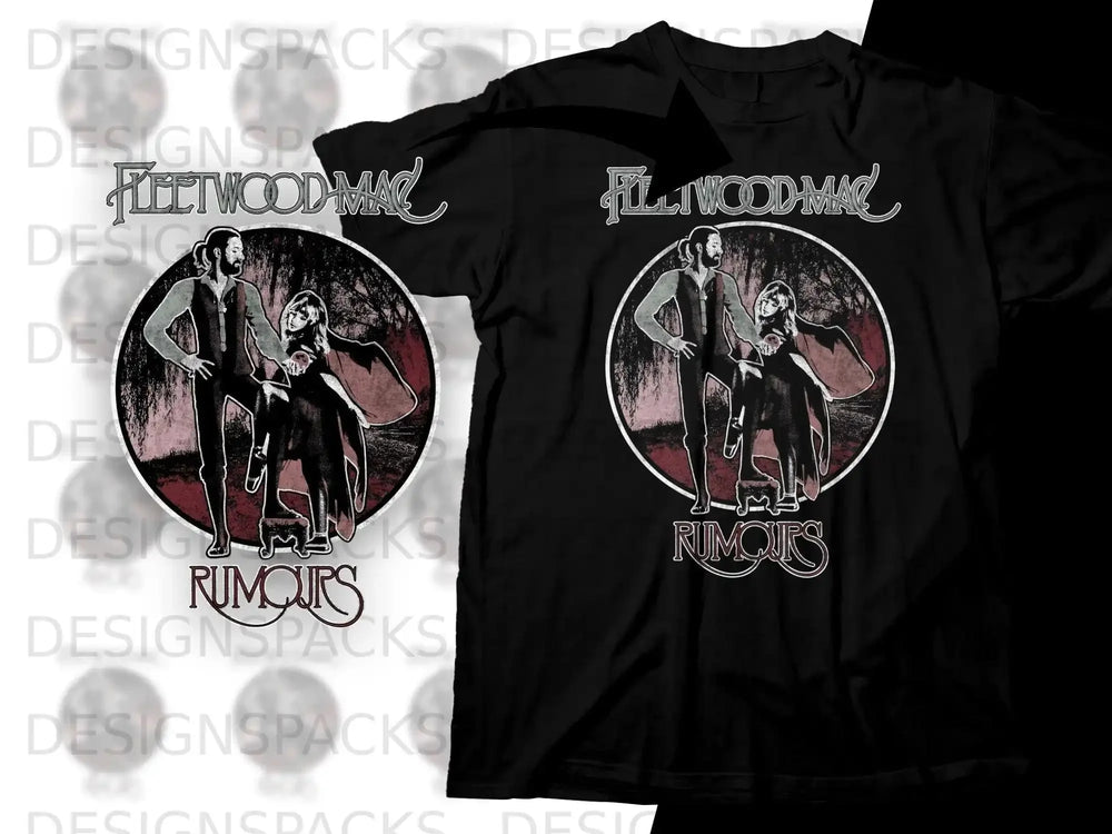 Black t-shirt with Fleetwood Mac Rumours album art featuring two figures.