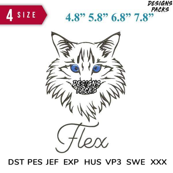 Cat face embroidery design with blue eyes, available in 4 sizes, compatible with DST PES JEF formats