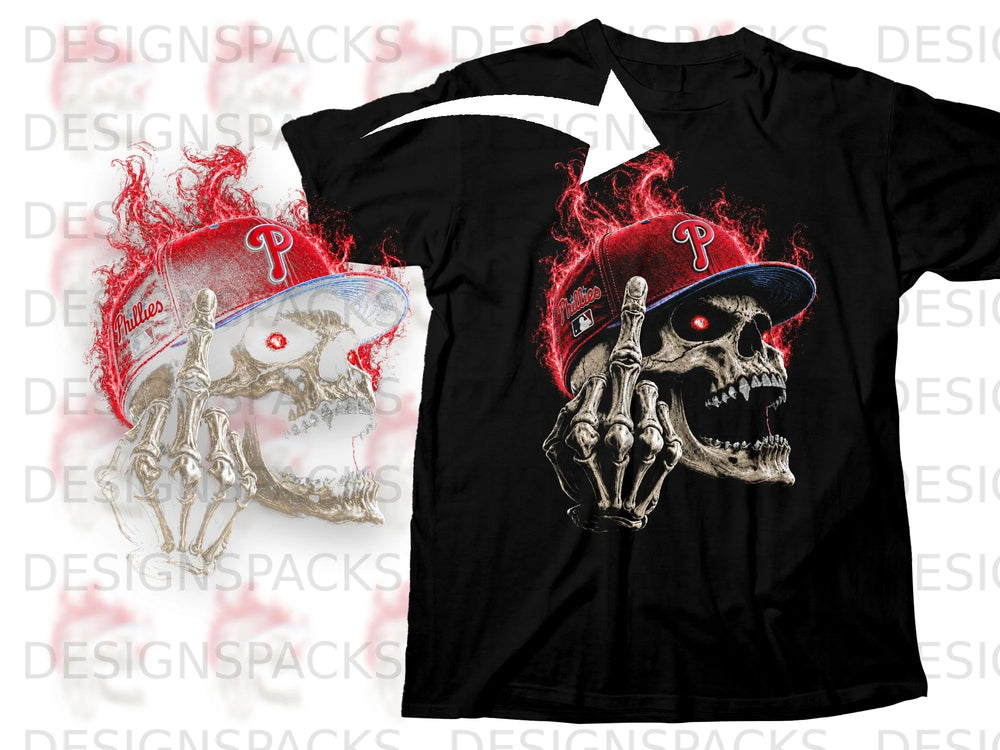 Black t-shirt with a Phillies cap, flaming skull, and skeleton hand giving middle finger.