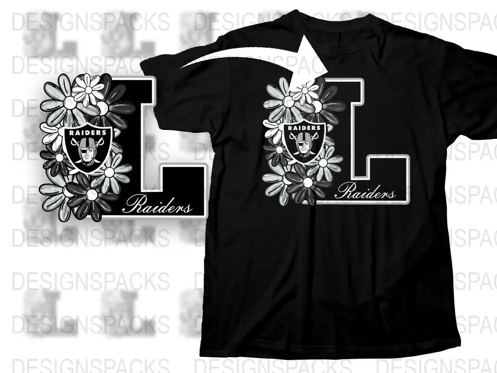 Raiders Floral Letter Graphic T-Shirt, Black and White Sports Fan Tee, Casual Streetwear Style Top