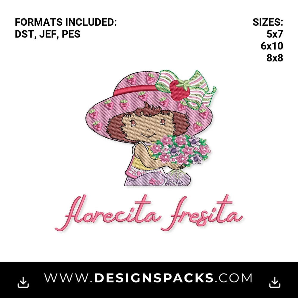 Florecita Fresita Strawberry Girl Embroidery Design - Instant digital download pattern at Designspacks.com