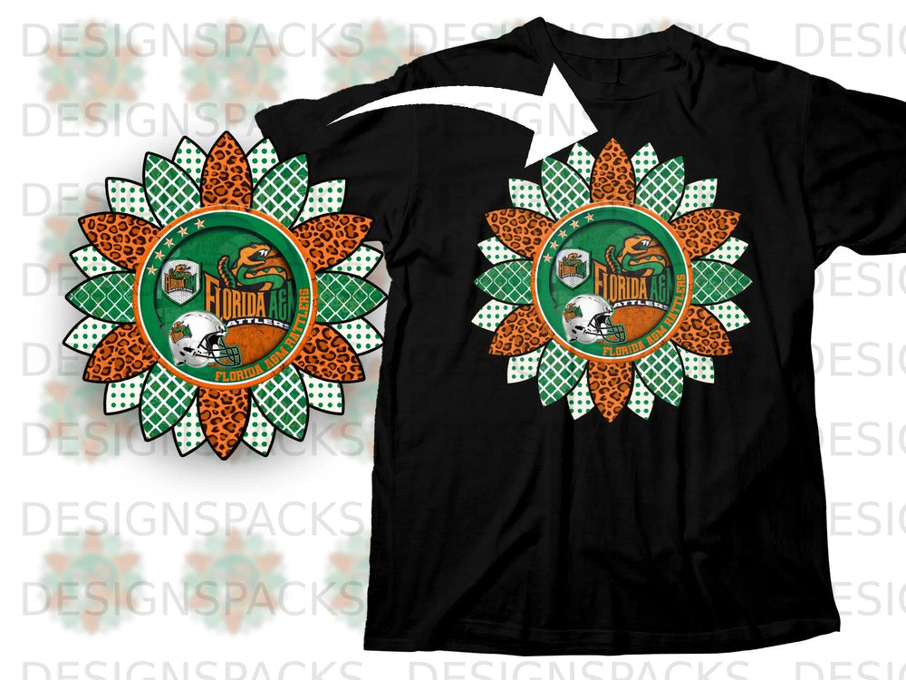 Florida A&M Rattlers sunflower design with football helmet and snake logo.