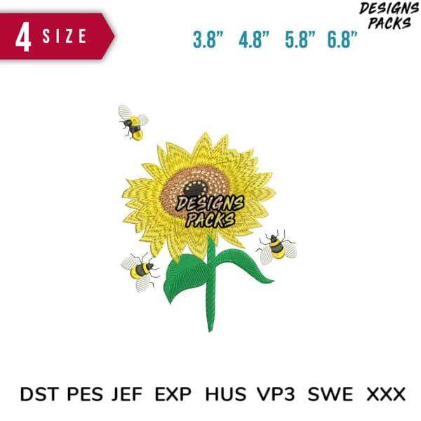 Sunflower embroidery design with bees, available in 4 sizes and multiple file formats