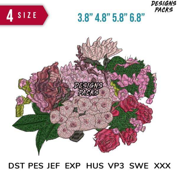 Floral embroidery design bundle in 4 sizes, compatible with DST PES JEF formats for machine embroidery projects.