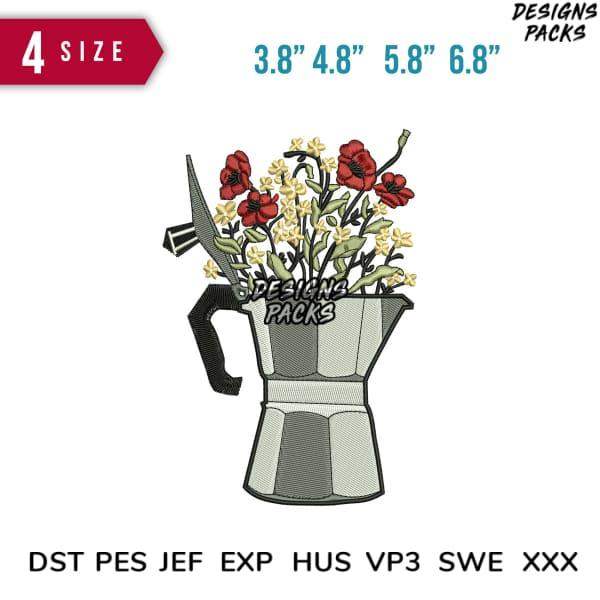 Embroidery design of flowers in coffee pot, available in multiple sizes and formats