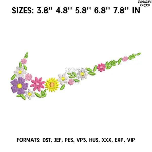 Flowers Swoosh Embroidery Design, Machine embroidery file. Ghibli embroidery design