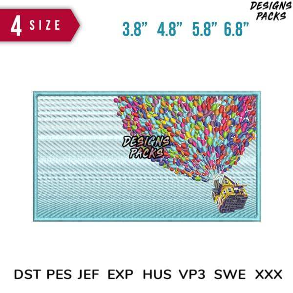 Colorful balloon house embroidery design in 4 sizes, PES DST JEF formats, print-ready for DTG/DTF