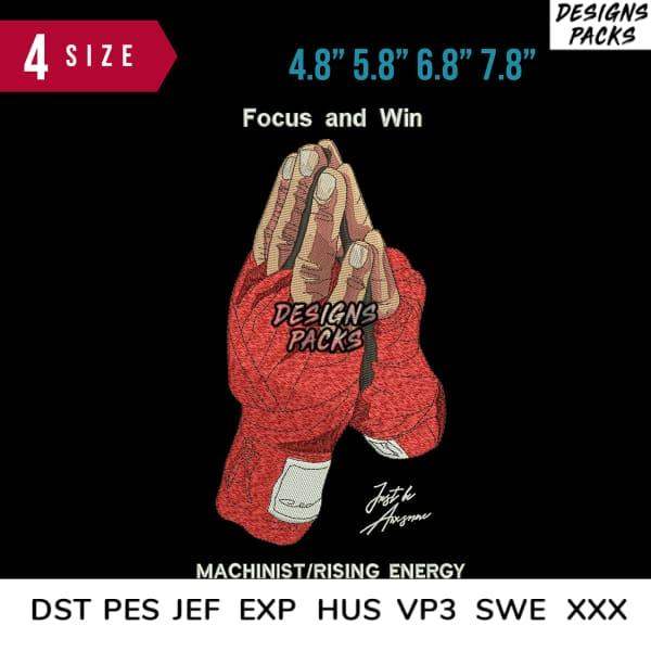 Boxing gloves embroidery design with 'Focus and Win' text, 4 sizes, DST PES JEF formats, for machinist rising energy theme