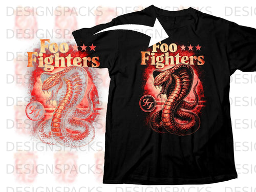 Black t-shirt with a Foo Fighters logo and a coiled cobra design.