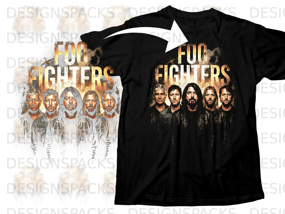 Foo Fighters band members and logo on a black t-shirt.