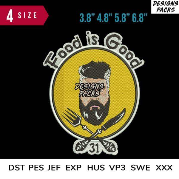 Food is Good embroidery design with bearded chef, fork & knife, 4 sizes, DST PES JEF formats