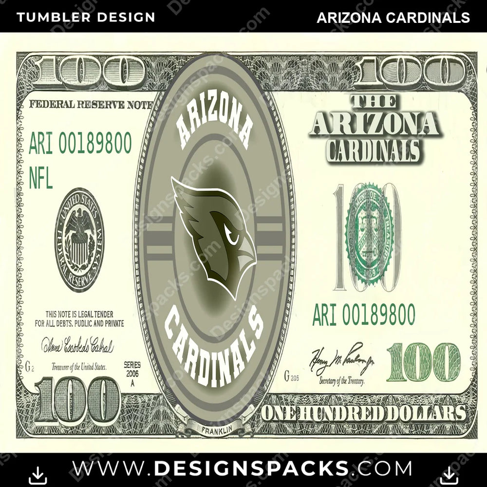 Football 100 Dollar Bill Arizona Cardinals NFL Football Tumbler Digital Wrap Design Download