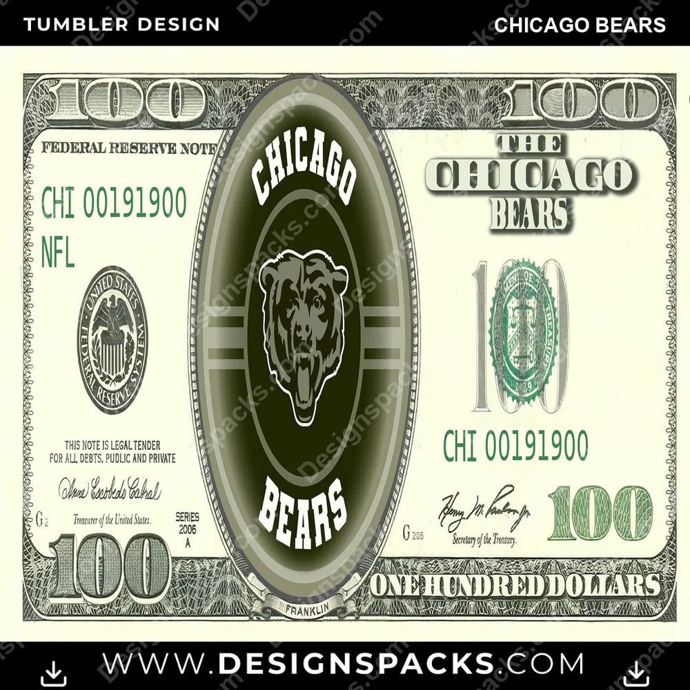 Football 100 Dollar Bill Chicago Bears NFL Football Tumbler Digital Wrap Design Download