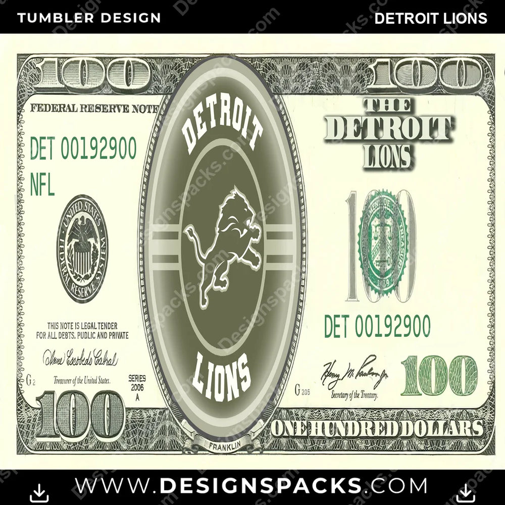 Football 100 Dollar Bill Detroit Lions NFL Football Tumbler Digital Wrap Design Download
