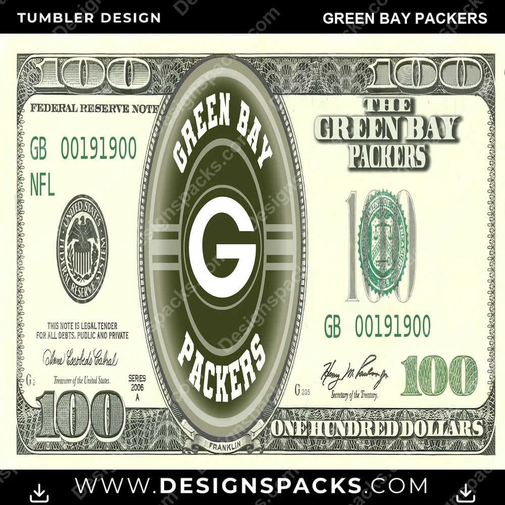Football 100 Dollar Bill Green Bay Packers NFL Football Tumbler Digital Wrap Design Download