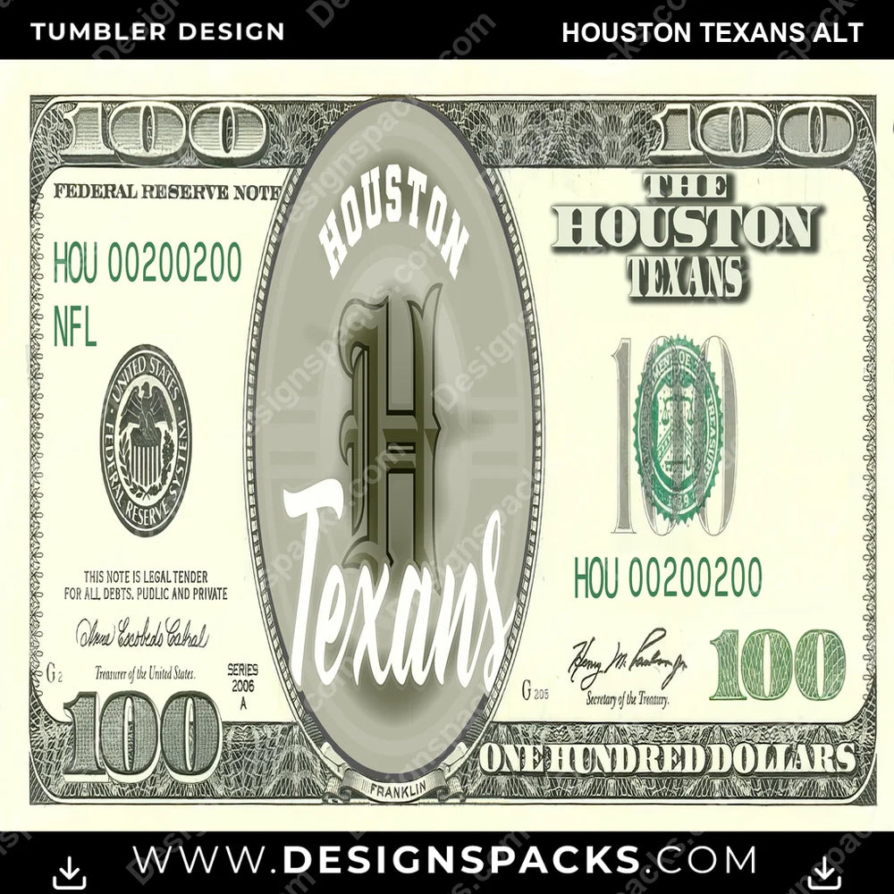 Football 100 Dollar Bill Houston Texans Alt NFL Football Tumbler Digital Wrap Design Download