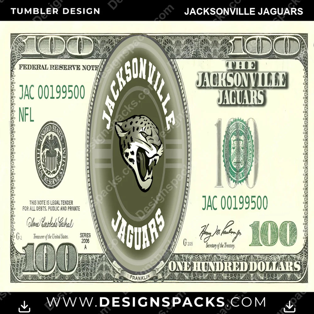 Football 100 Dollar Bill Jacksonville Jaguars NFL Football Tumbler Digital Wrap Design Download