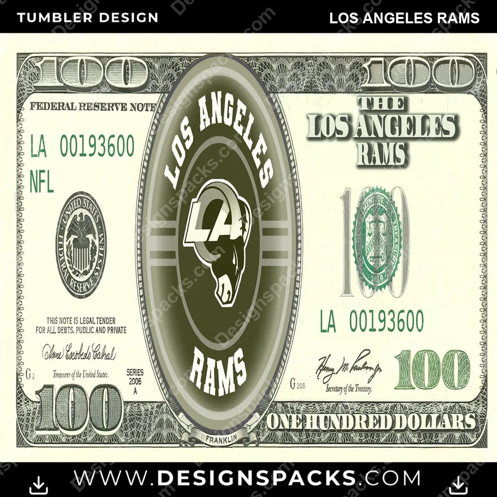 Football 100 Dollar Bill Los Angeles Rams NFL Football Tumbler Digital Wrap Design Download