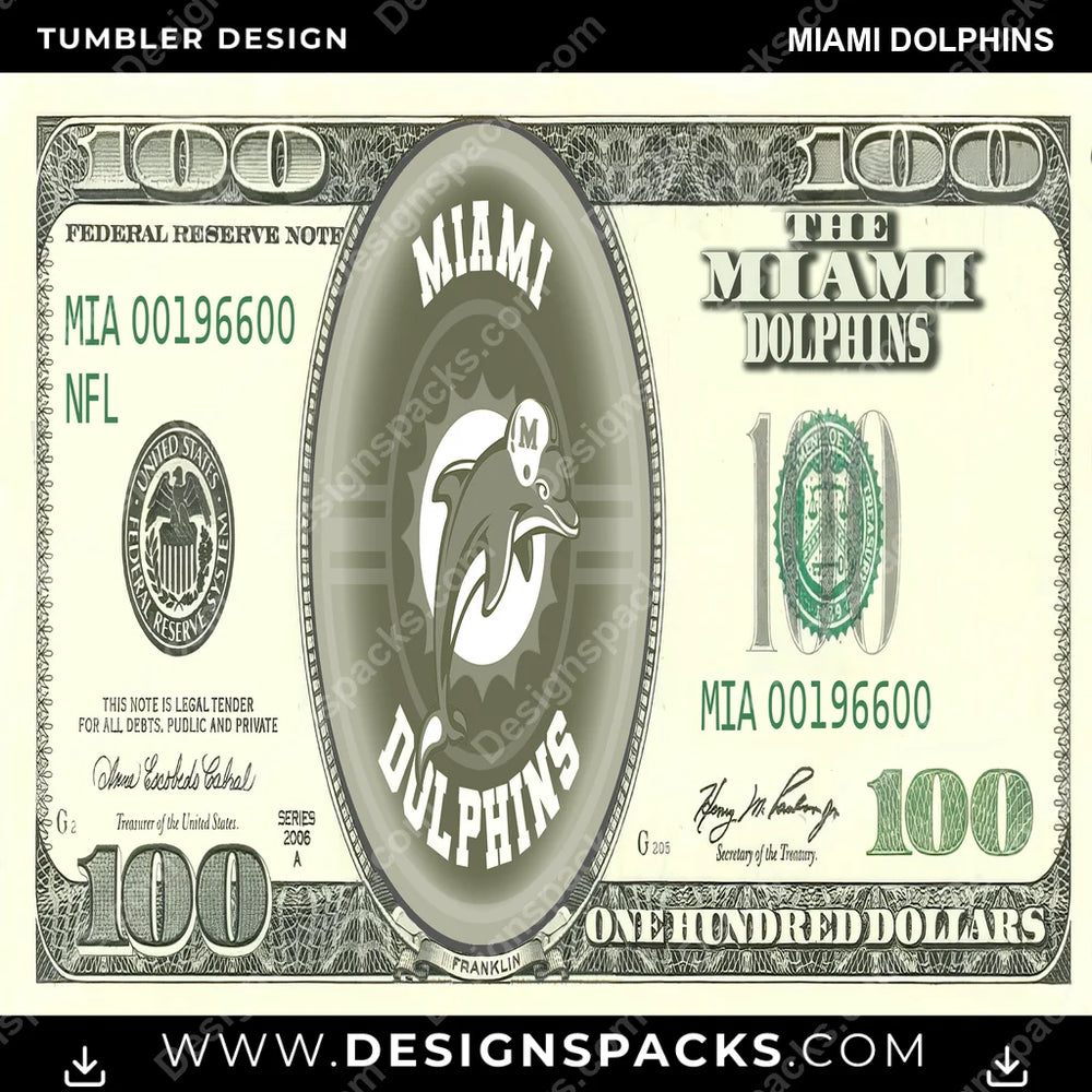 Football 100 Dollar Bill Miami Dolphins NFL Football Tumbler Digital Wrap Design Download