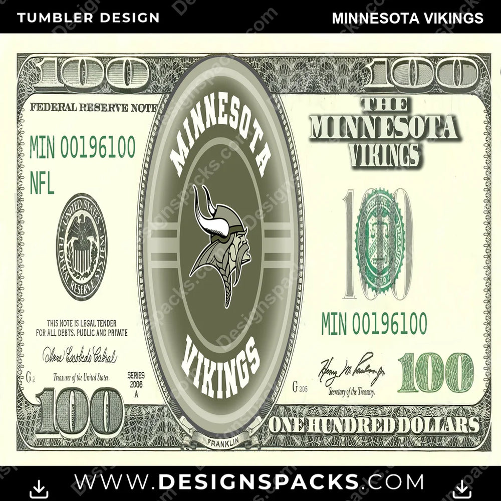 Football 100 Dollar Bill Minnesota Vikings NFL Football Tumbler Digital Wrap Design Download