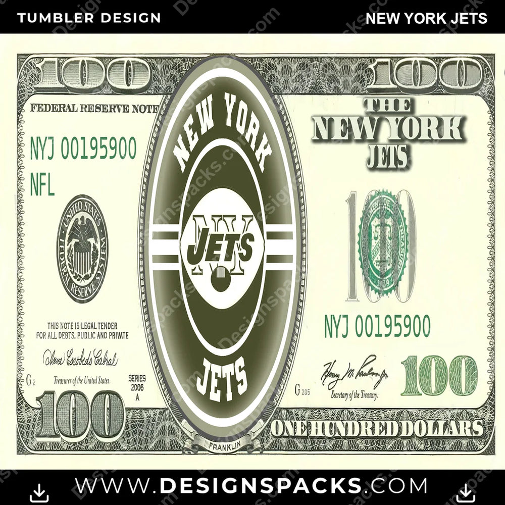 Football 100 Dollar Bill New York Jets NFL Football Tumbler Digital Wrap Design Download