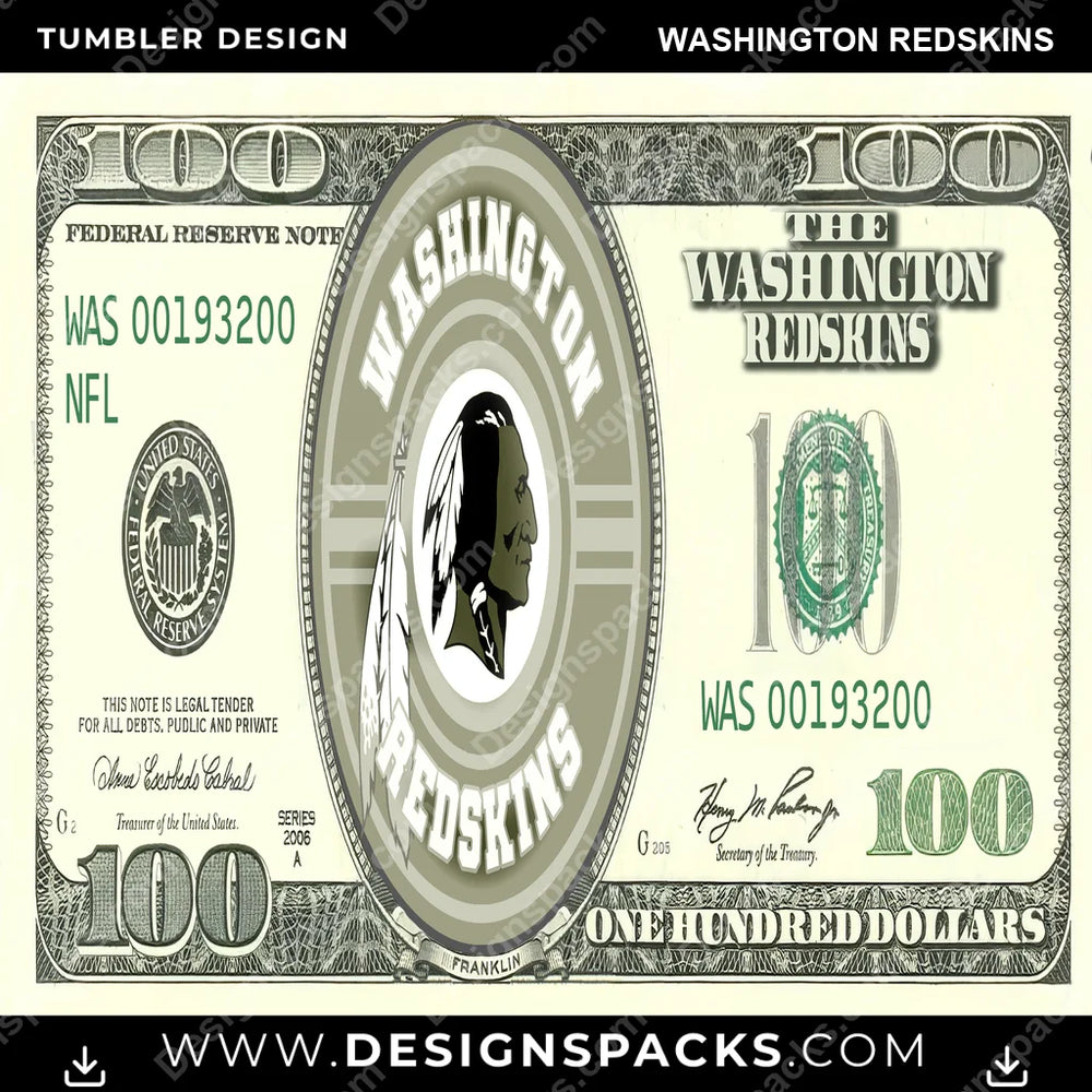 Football 100 Dollar Bill Washington Redskins NFL Football Tumbler Digital Wrap Design Download