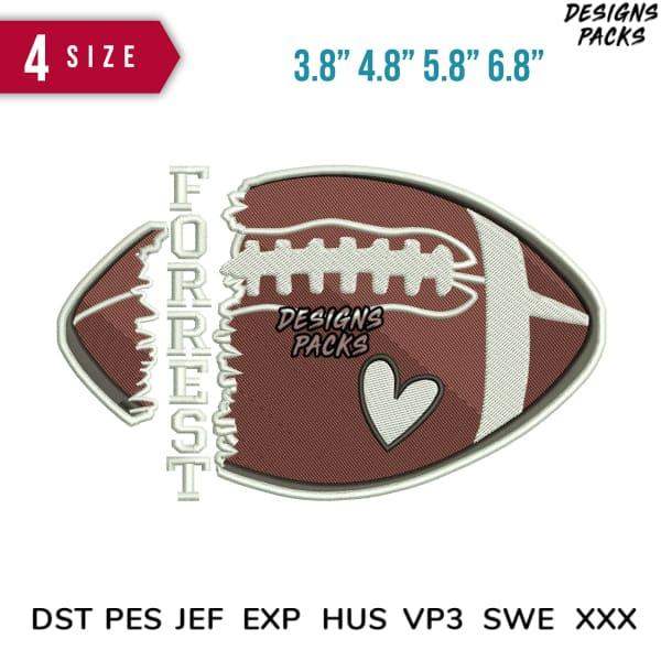 Embroidery design of football with 'Forest' text and heart, available in 4 sizes, DST PES formats