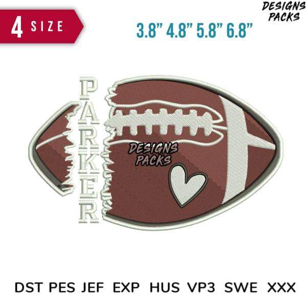 Embroidery design of football with heart and name Parker, available in multiple sizes and formats