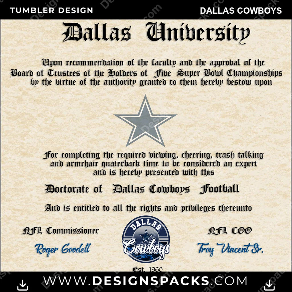 Football Diploma Dallas Cowboys NFL Football Tumbler Digital Wrap Design Download