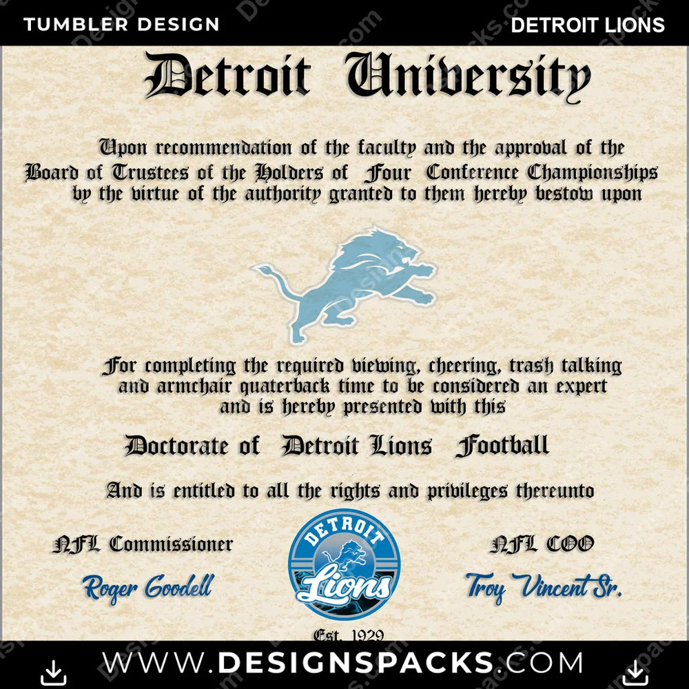Football Diploma Detroit Lions NFL Football Tumbler Digital Wrap Design Download