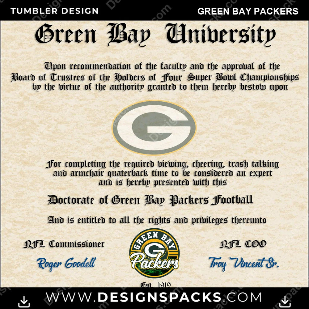 Football Diploma Green Bay Packers NFL Football Tumbler Digital Wrap Design Download
