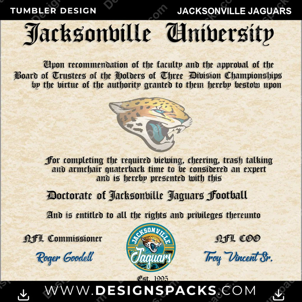 Football Diploma Jacksonville Jaguars NFL Football Tumbler Digital Wrap Design Download