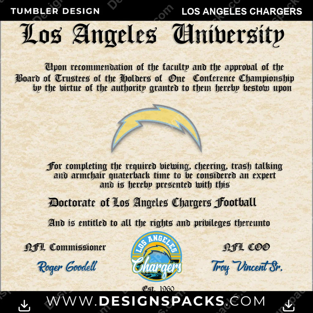 Football Diploma Los Angeles Chargers NFL Football Tumbler Digital Wrap Design Download