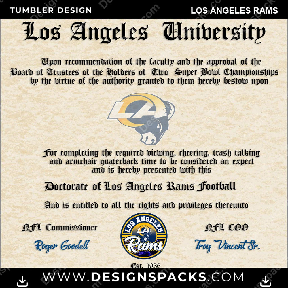 Football Diploma Los Angeles Rams NFL Football Tumbler Digital Wrap Design Download