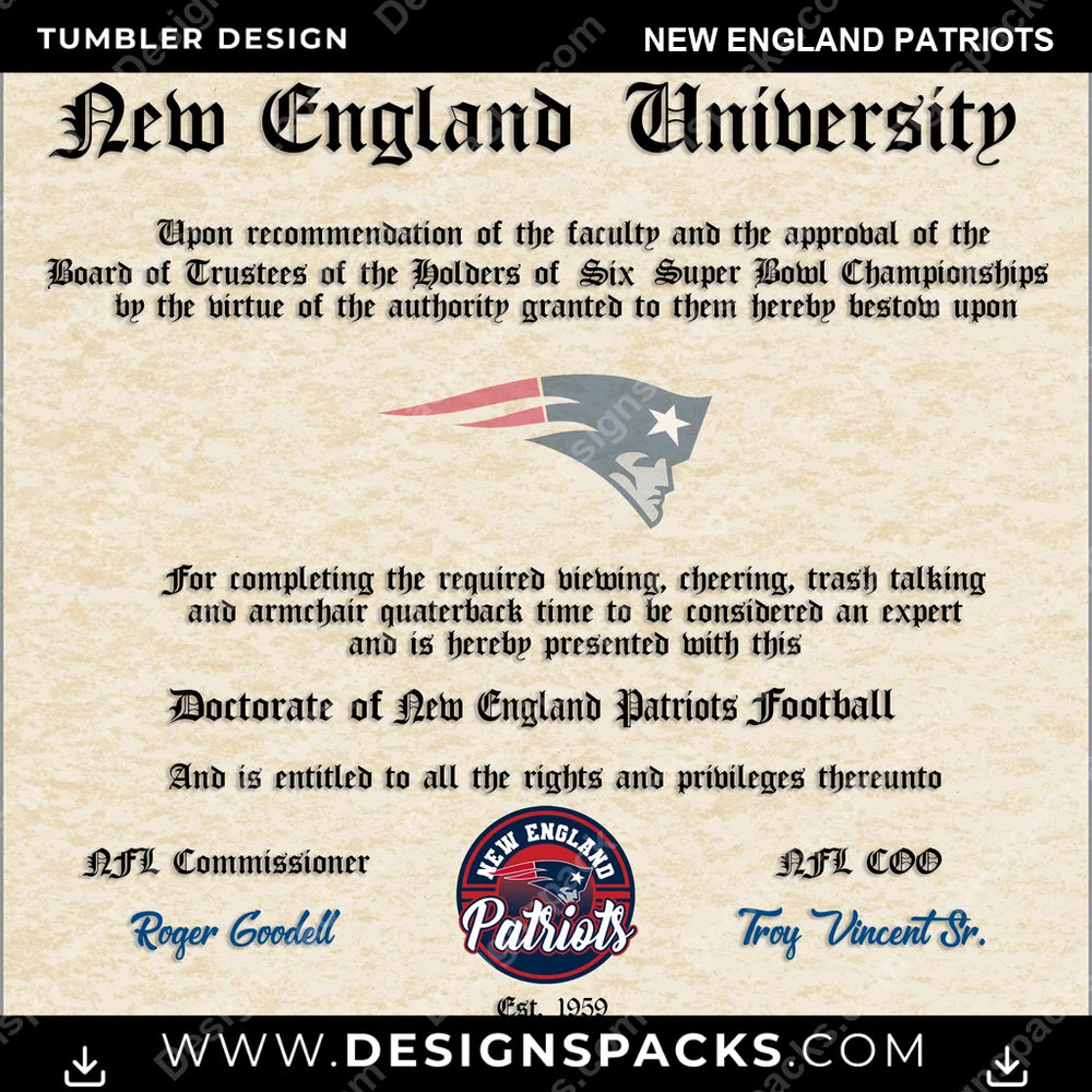 Football Diploma New England Patriots NFL Football Tumbler Digital Wrap Design Download