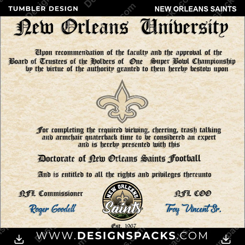 Football Diploma New Orleans Saints NFL Football Tumbler Digital Wrap Design Download
