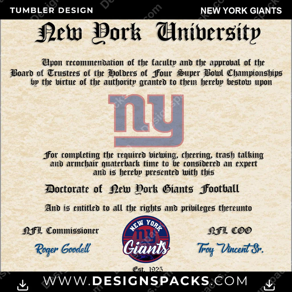 Football Diploma New York Giants NFL Football Tumbler Digital Wrap Design Download