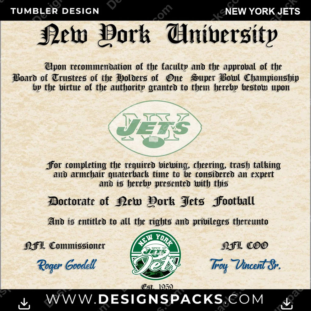 Football Diploma New York Jets NFL Football Tumbler Digital Wrap Design Download