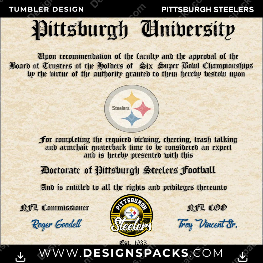 Football Diploma Pittsburgh Steelers NFL Football Tumbler Digital Wrap Design Download