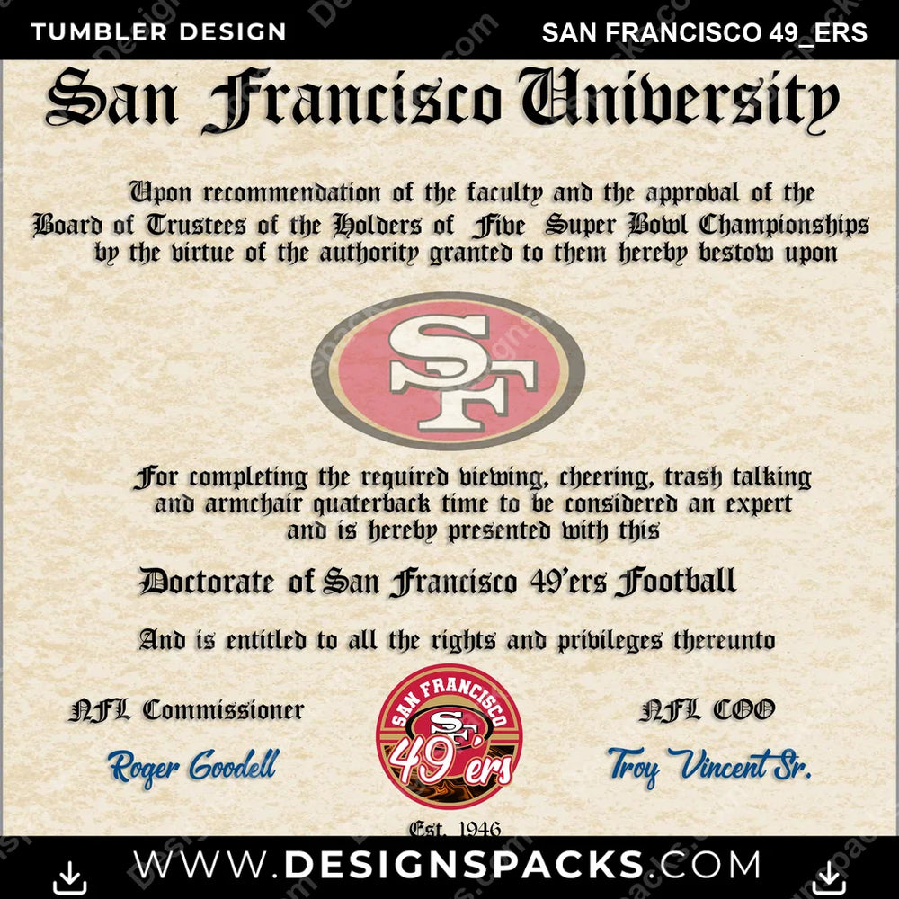 Football Diploma San Francisco 49ers NFL Football Tumbler Digital Wrap Design Download