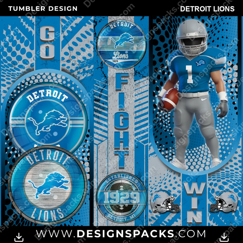 Football Go Fight Win Detroit Lions NFL Football Tumbler Digital Wrap Design Download