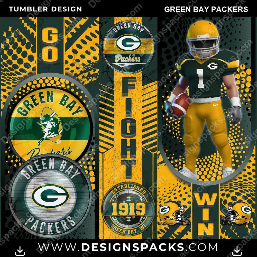 Football Go Fight Win Green Bay Packers NFL Football Tumbler Digital Wrap Design Download