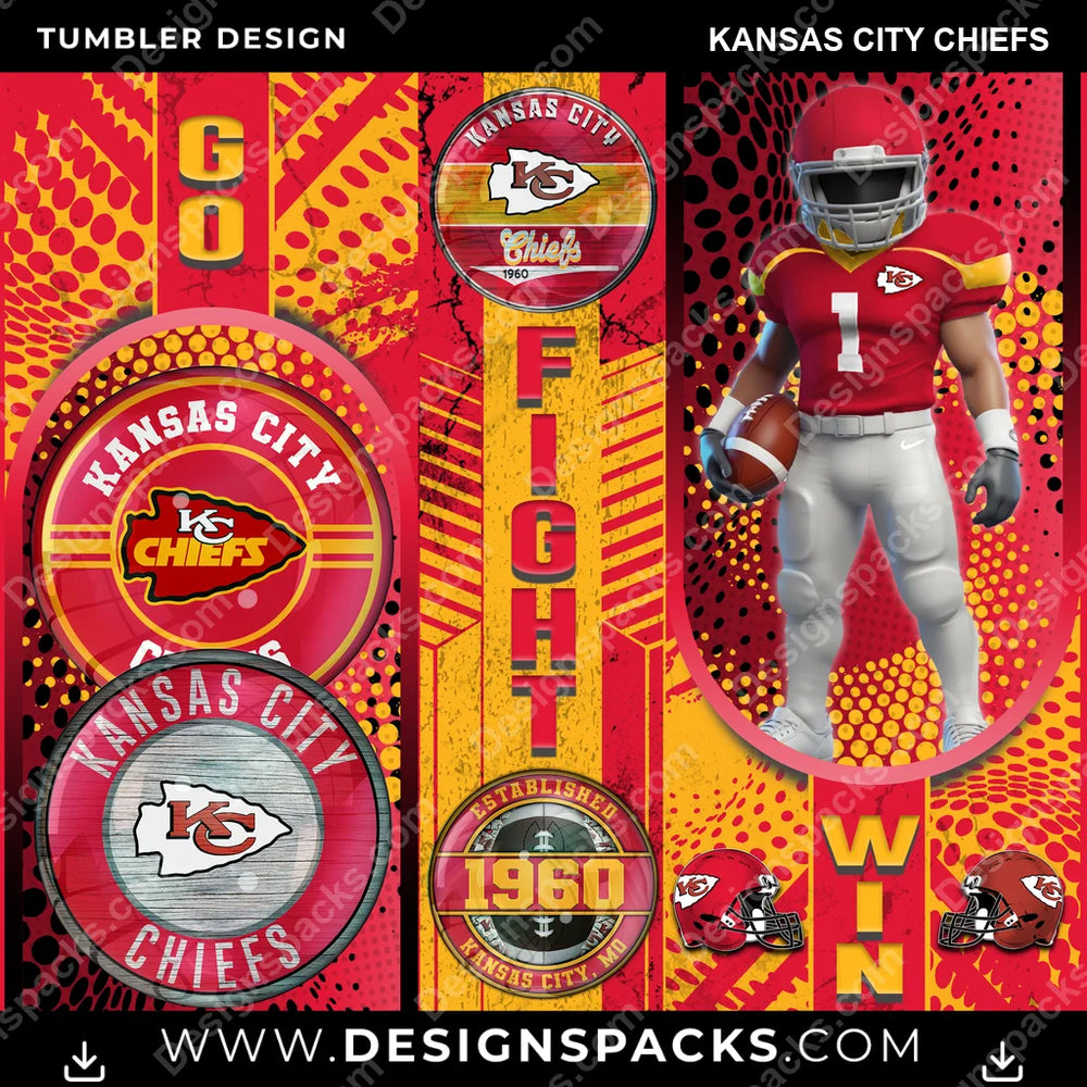 Football Go Fight Win Kansas City Chiefs NFL Football Tumbler Digital Wrap Design Download
