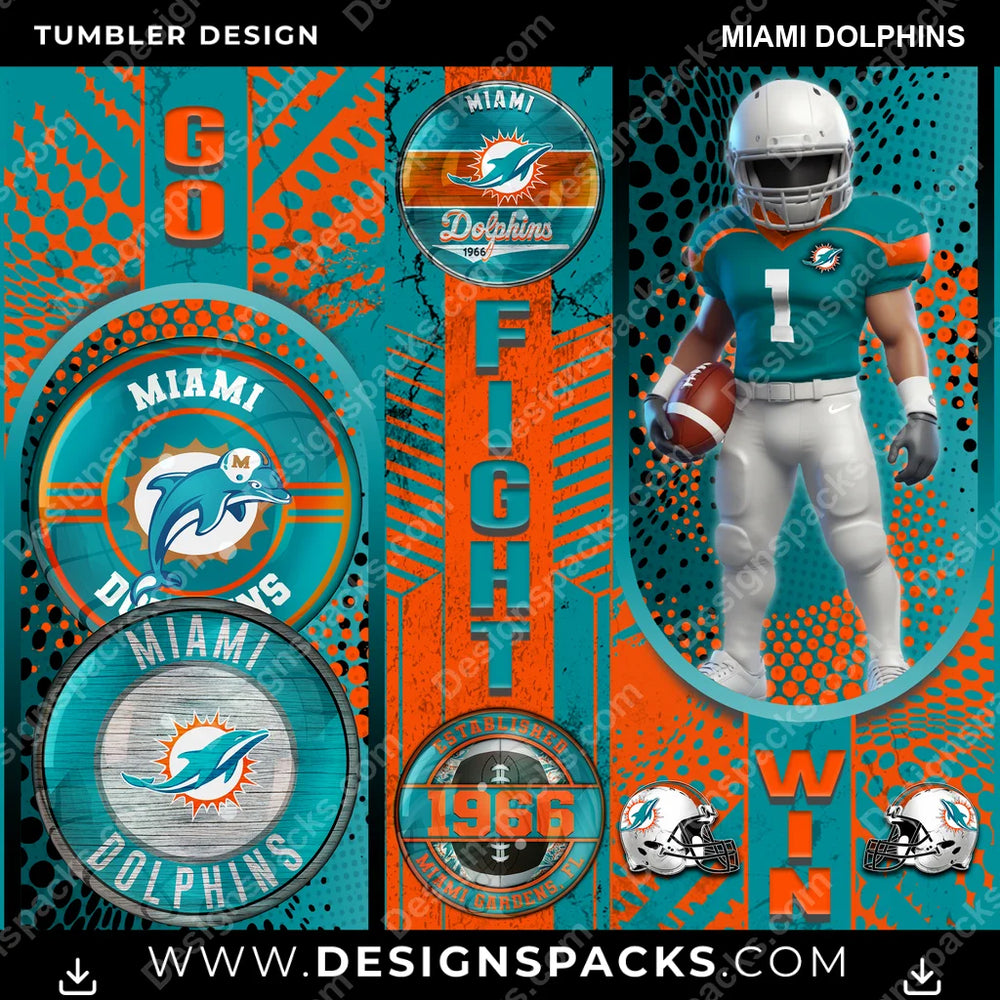 Football Go Fight Win Miami Dolphins NFL Football Tumbler Digital Wrap Design Download