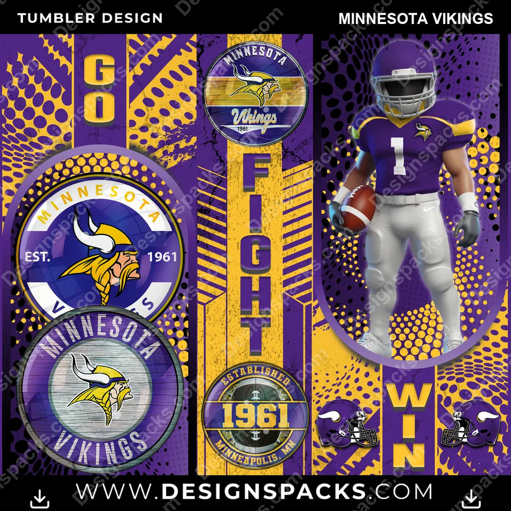 Football Go Fight Win Minnesota Vikings NFL Football Tumbler Digital Wrap Design Download